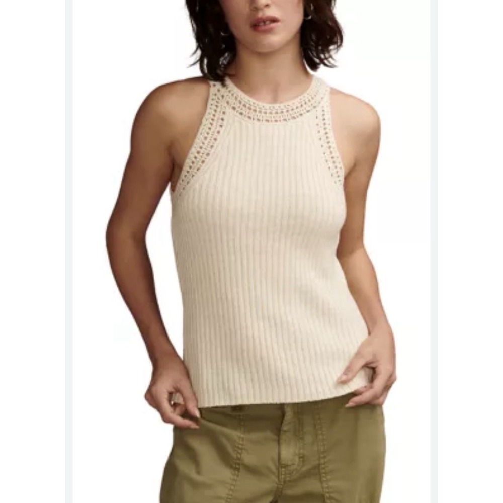 Lucky Brand Women's‎ Crochet Trim Ribbed Knit Tank Top NWT Brown Linen Cotton